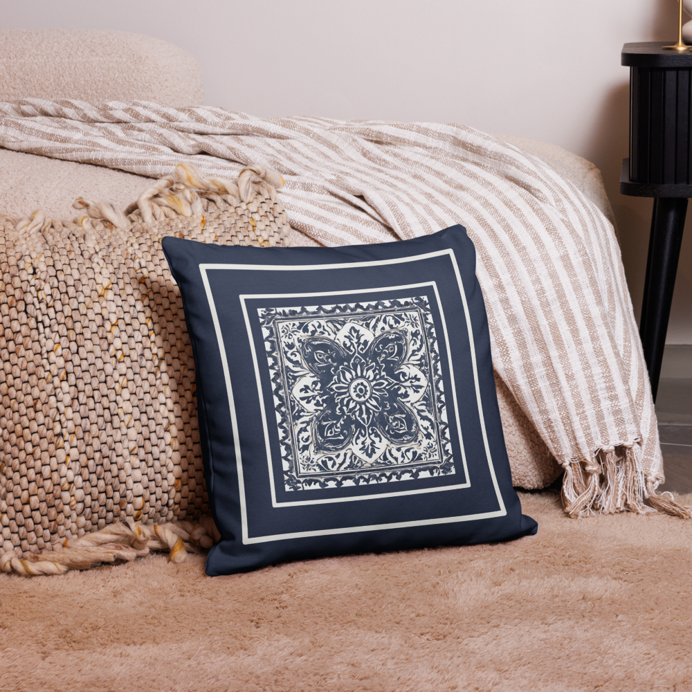 Pillowcase Navy blue with Portuguese Tile Pattern in white in a bedroom decorated in tones of beige