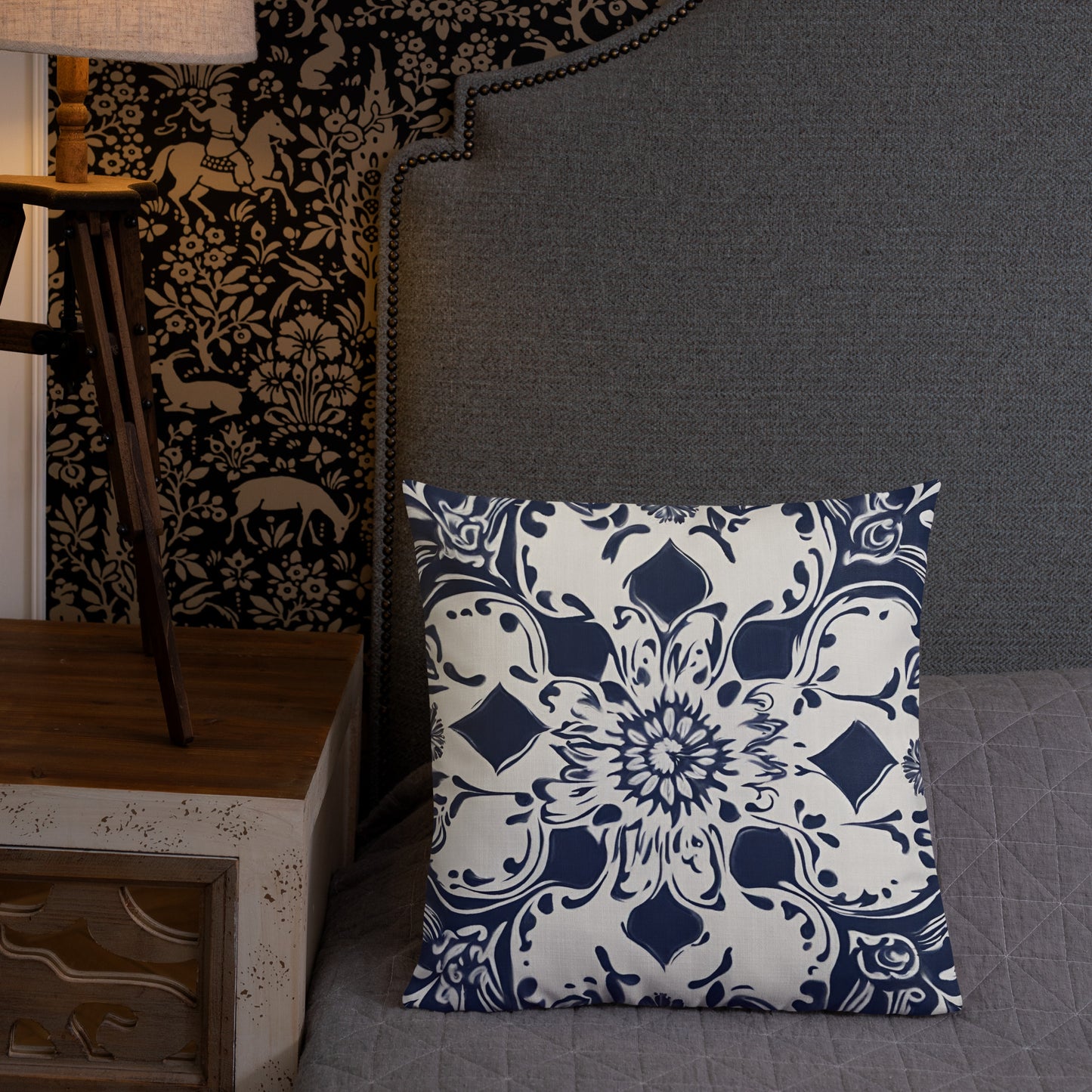 Premium Pillow 18" x 18" Navy Blue with Portuguese Tile Pattern in white