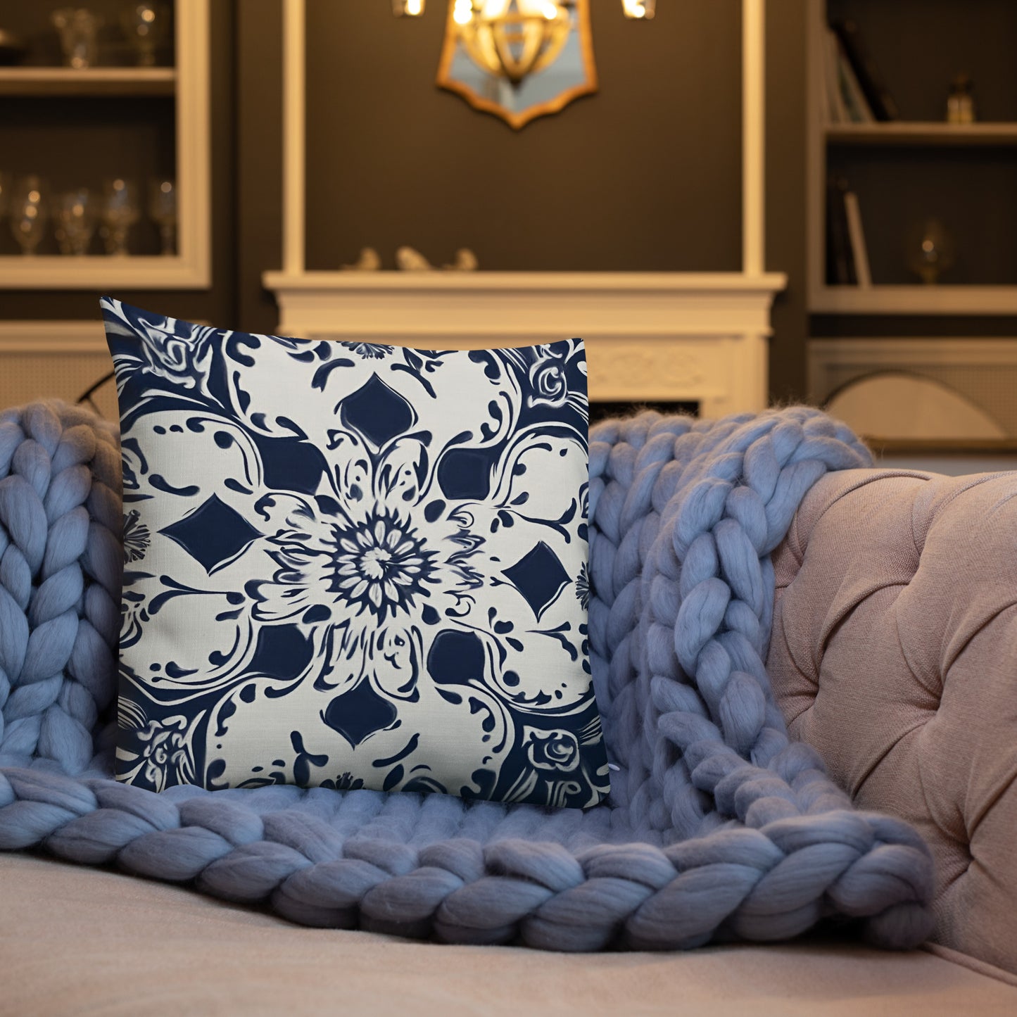 Premium Pillow 18" x 18" Navy Blue with Portuguese Tile Pattern in white