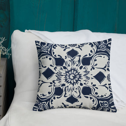 Premium Pillow 18" x 18" Navy Blue with Portuguese Tile Pattern in white