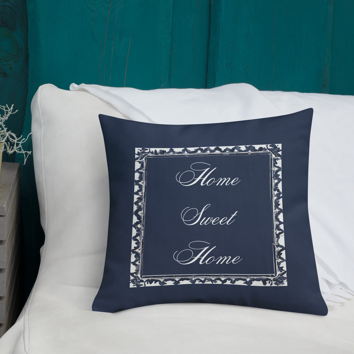 Premium Pillow 18" x 18" Navy Blue Imprint Home Sweet Home in white