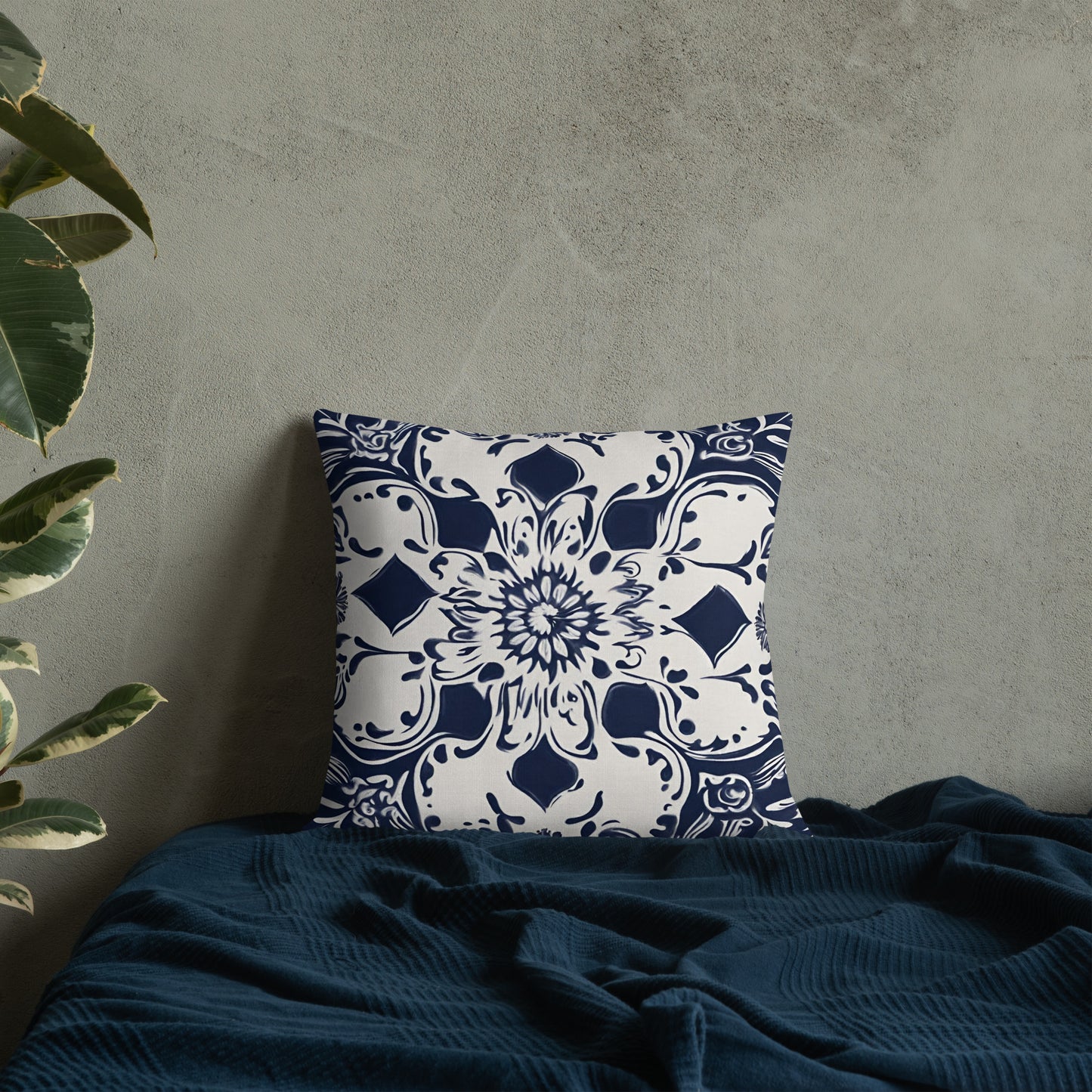 Premium Pillow 18" x 18" Navy Blue with Portuguese Tile Pattern in white