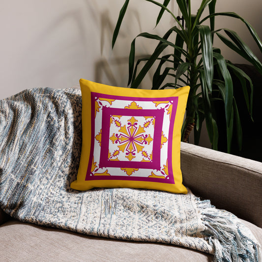 Premium Pillow 18"x 18" Portuguese tile pattern, Fuchsia & Yellow Mod 001