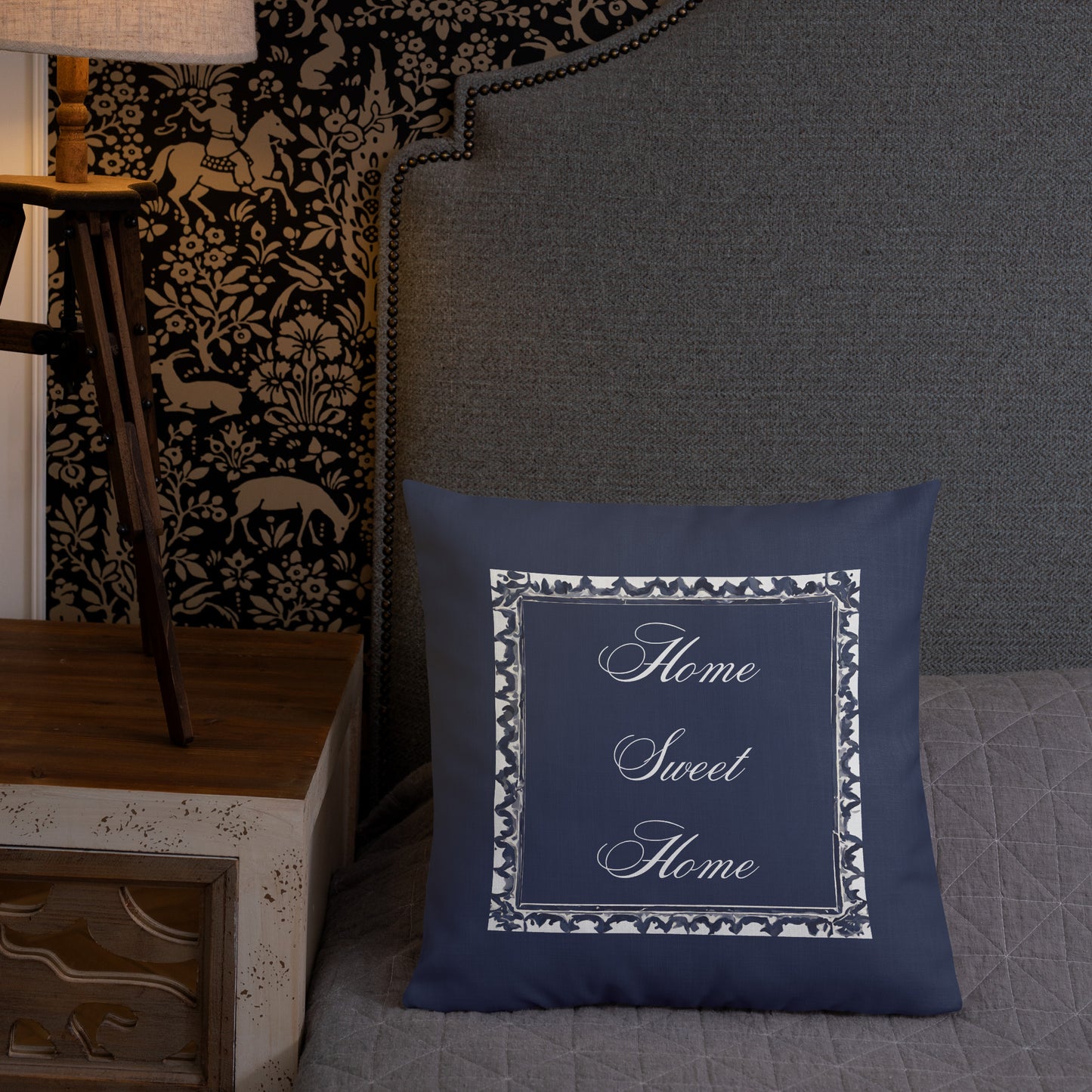 Premium Pillow 18" x 18" Navy Blue Imprint Home Sweet Home in white