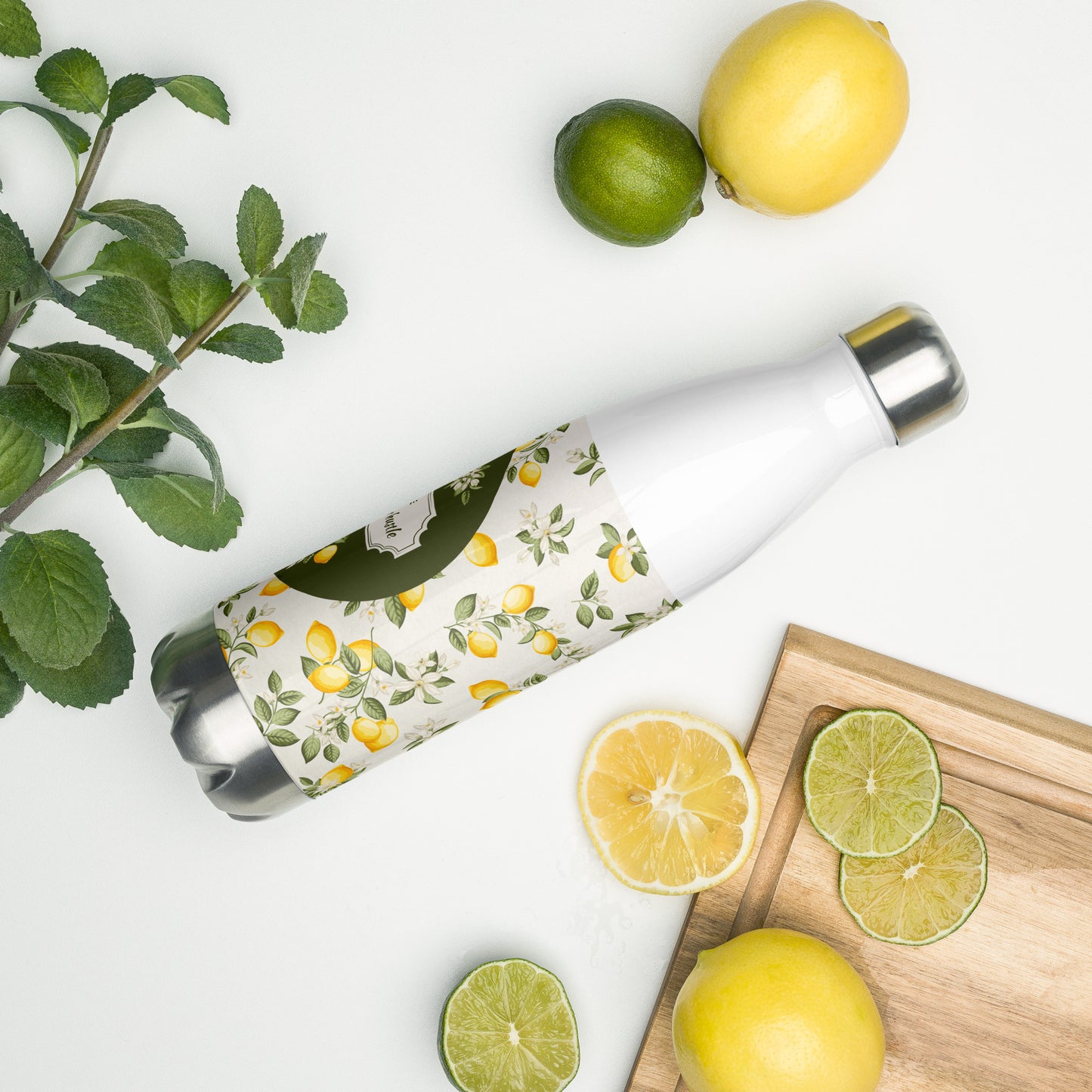 Stainless steel water bottle Imprint Lemons & Lemons Flower, quote Hydrate your hustle