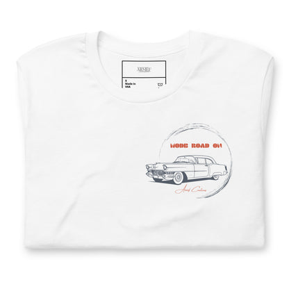 Men's t-shirt on the road, vintage car illustration Mod 002