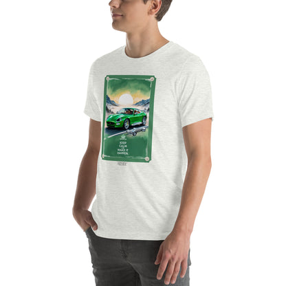 Men's t-shirt artwork green sports car with quote: Keep calm and make it happen