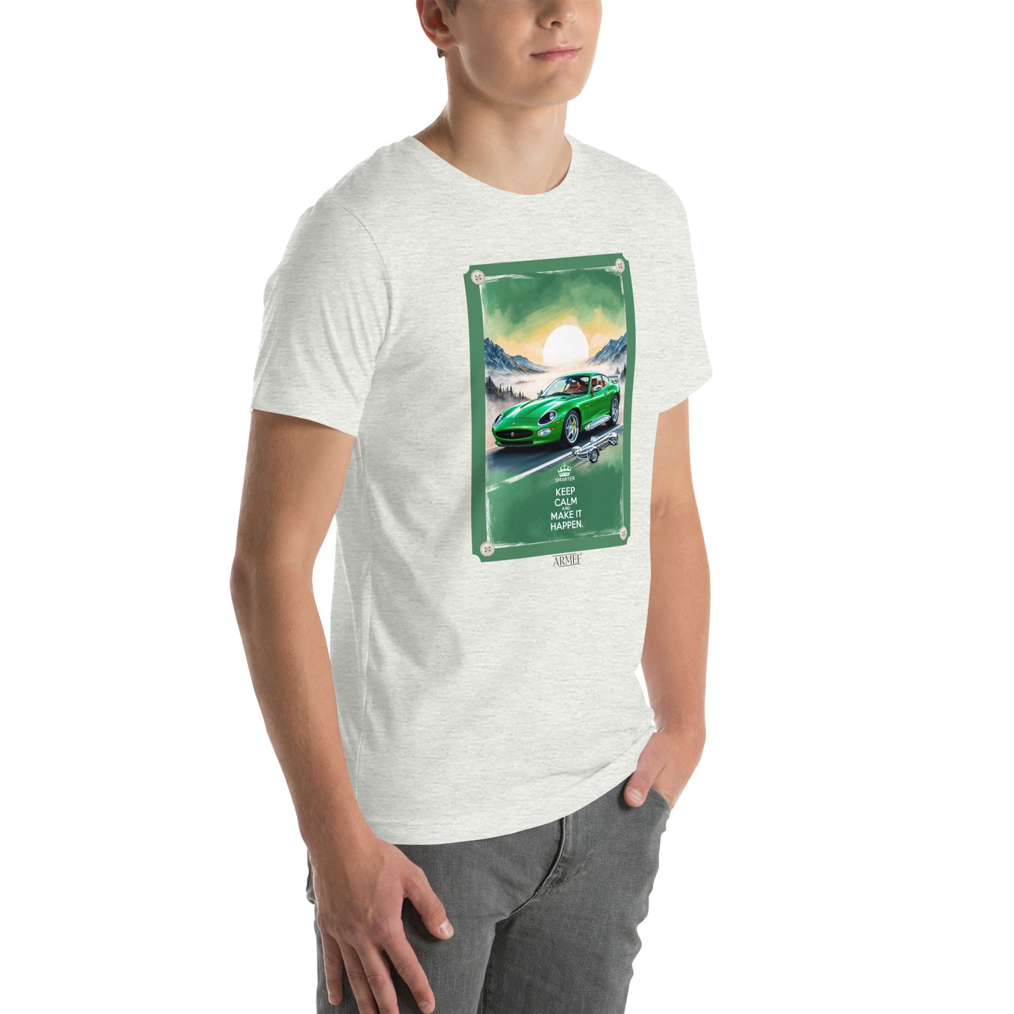 Men's t-shirt artwork green sports car with quote: Keep calm and make it happen