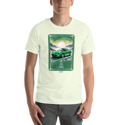 Men's t-shirt artwork green sports car with quote: Keep calm and make it happen