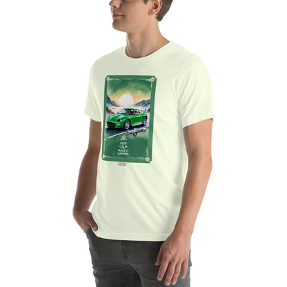 Men's t-shirt artwork green sports car with quote: Keep calm and make it happen