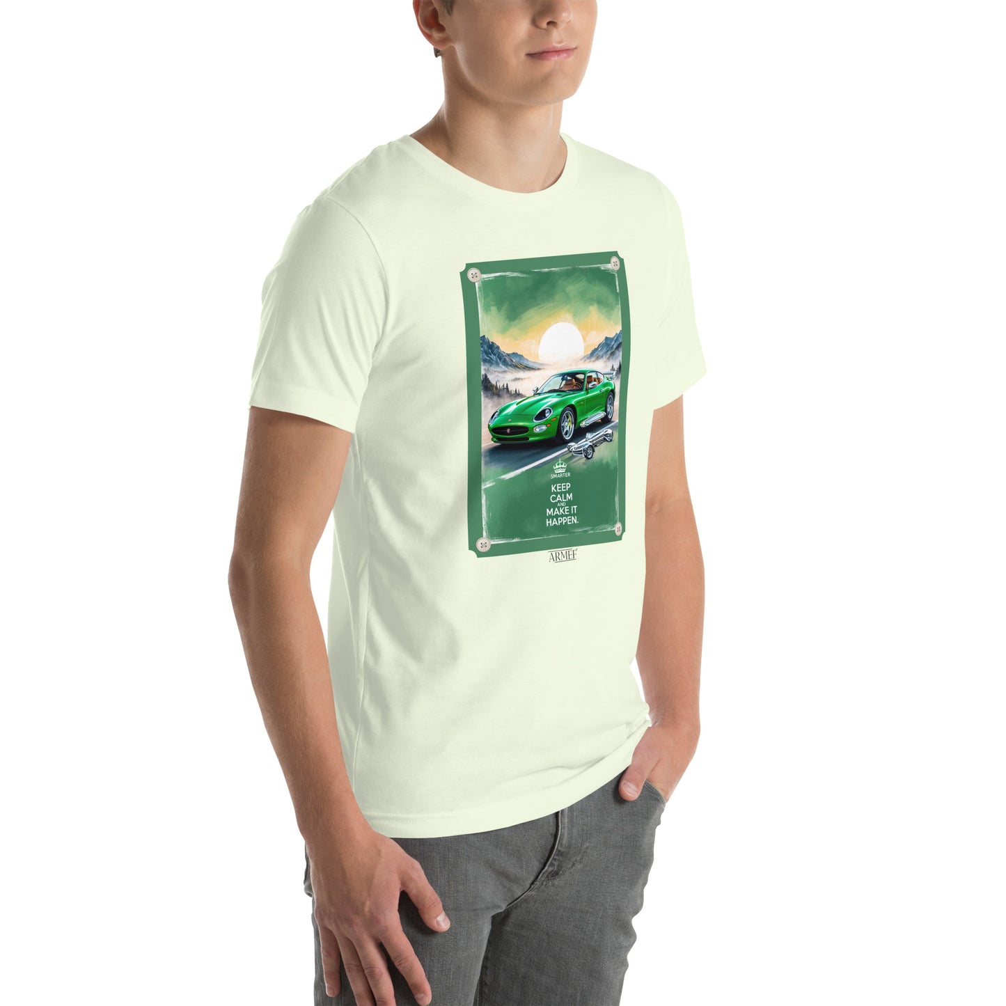 Men's t-shirt artwork green sports car with quote: Keep calm and make it happen