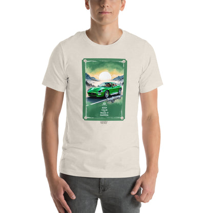 Men's t-shirt artwork green sports car with quote: Keep calm and make it happen