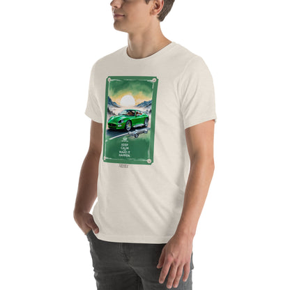 Men's t-shirt artwork green sports car with quote: Keep calm and make it happen