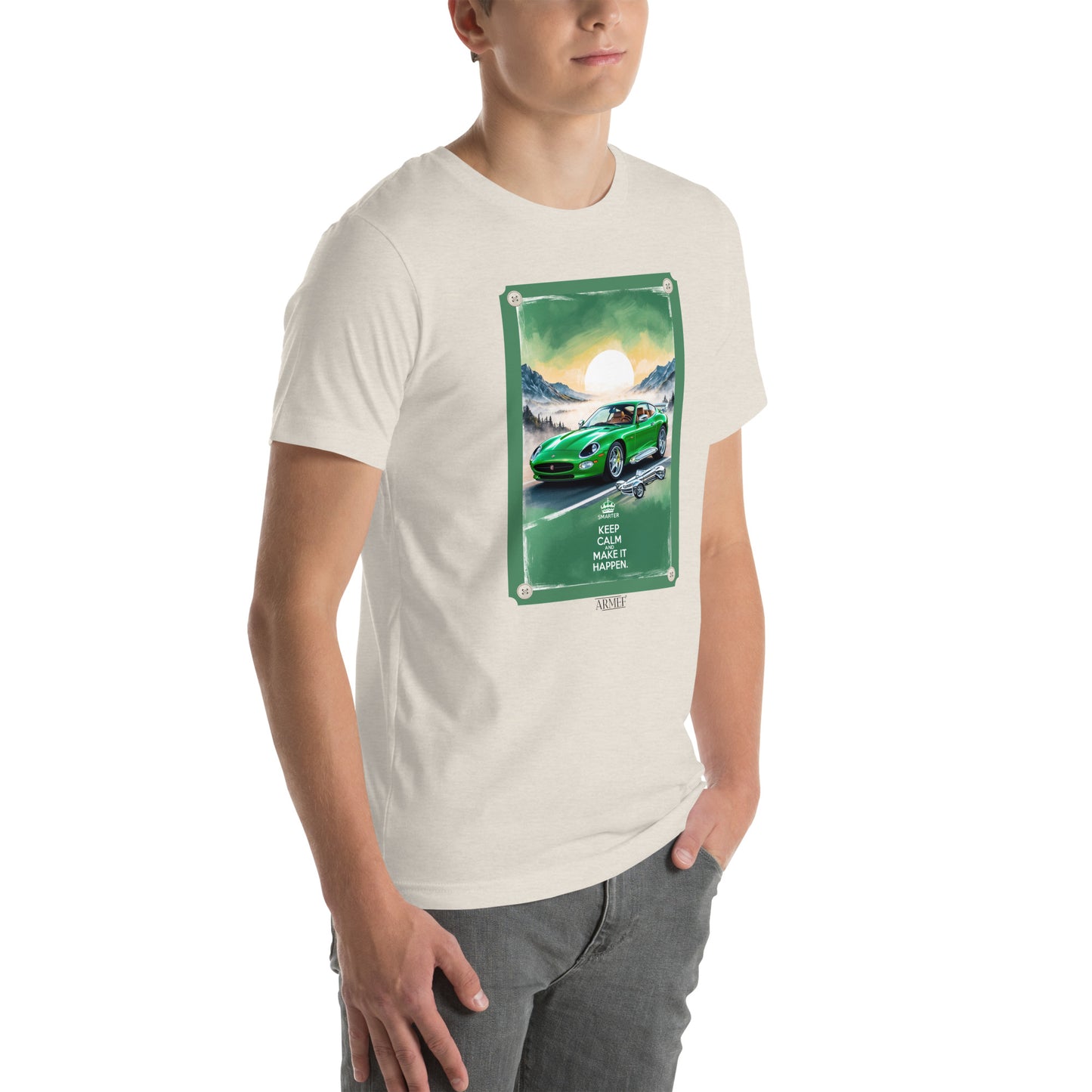 Men's t-shirt artwork green sports car with quote: Keep calm and make it happen