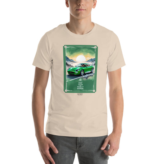 Men's t-shirt artwork green sports car with quote: Keep calm and make it happen