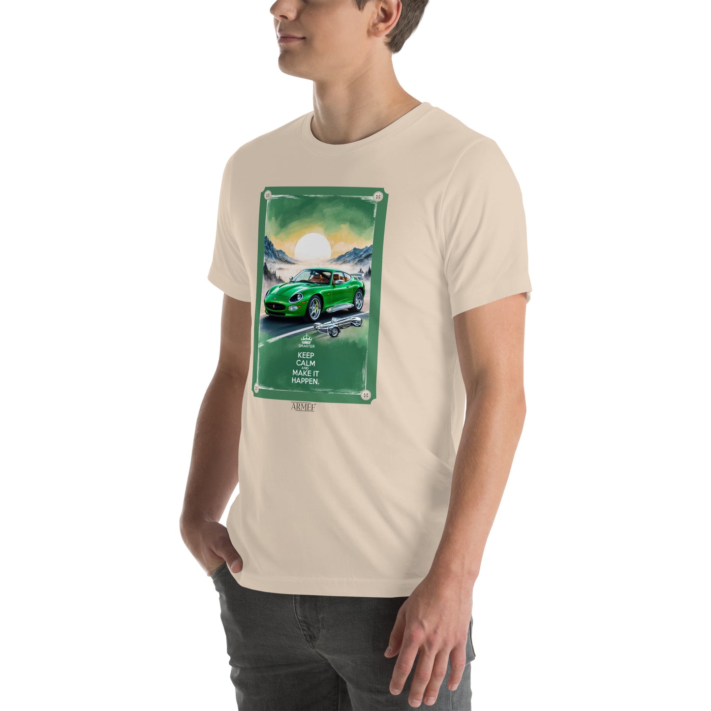 Men's t-shirt artwork green sports car with quote: Keep calm and make it happen