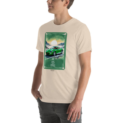 Men's t-shirt artwork green sports car with quote: Keep calm and make it happen