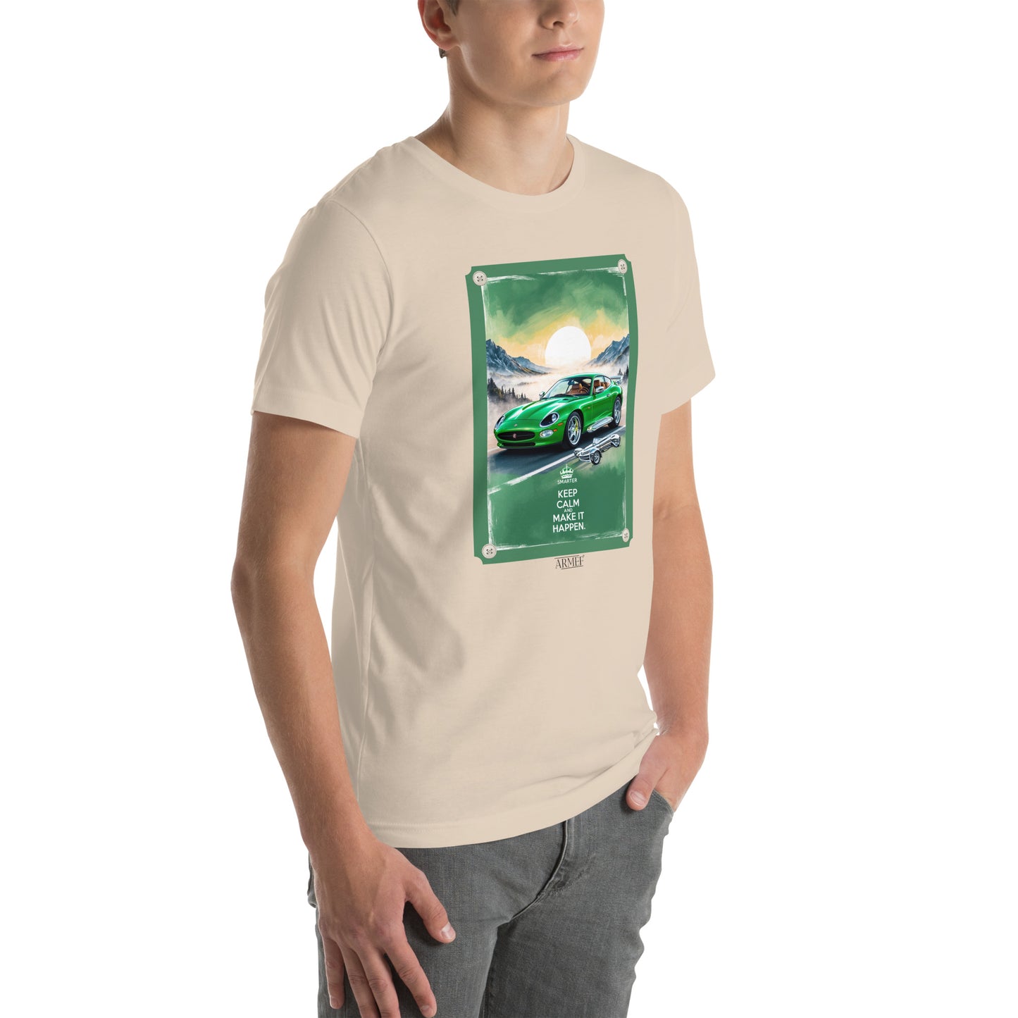 Men's t-shirt artwork green sports car with quote: Keep calm and make it happen