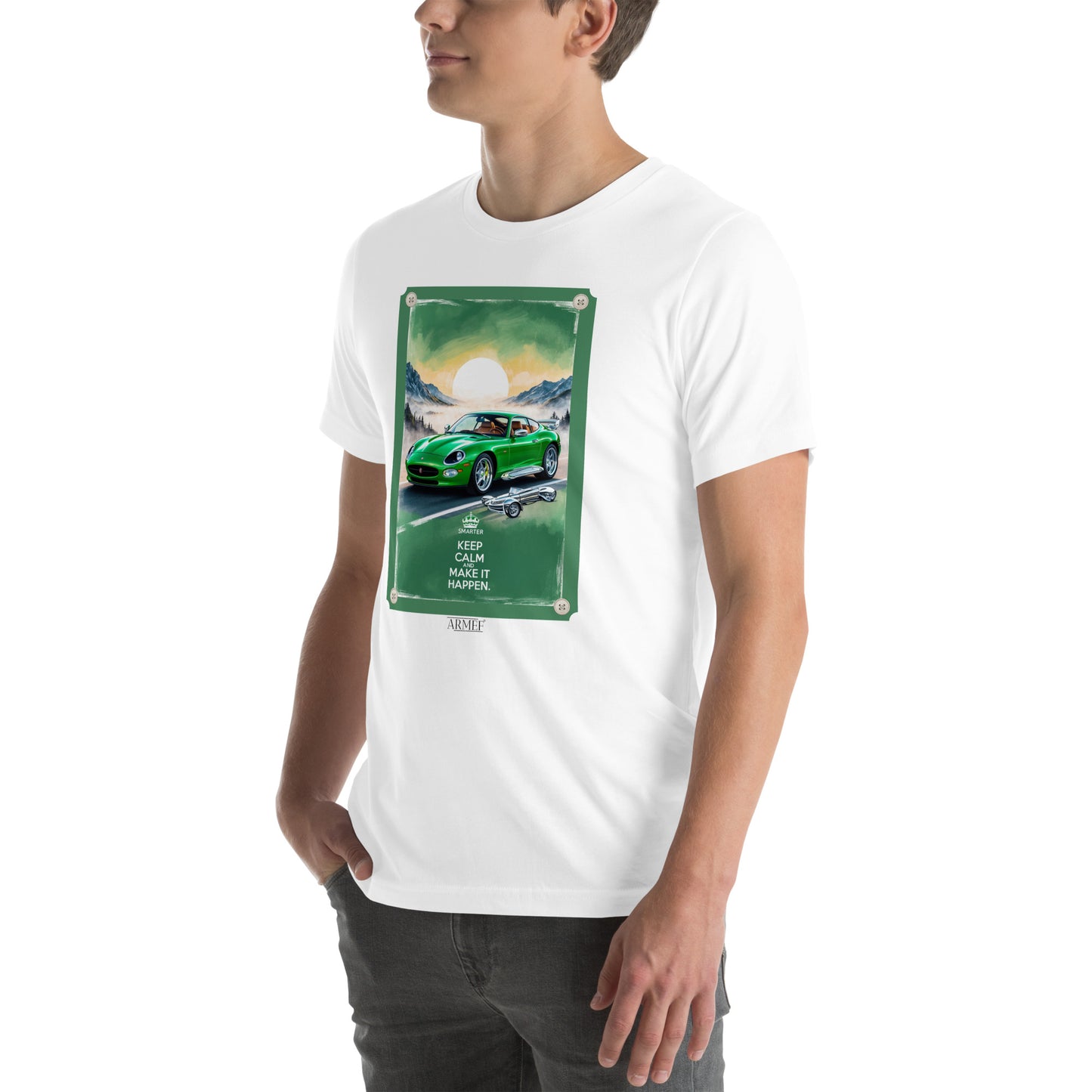 Men's t-shirt artwork green sports car with quote: Keep calm and make it happen