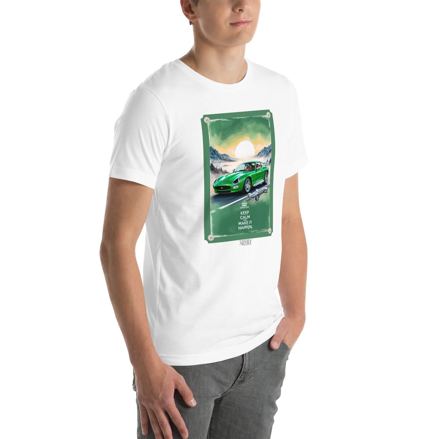 Men's t-shirt artwork green sports car with quote: Keep calm and make it happen